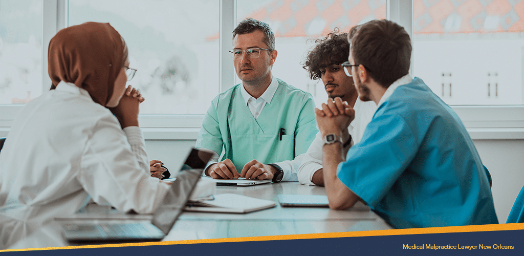 A doctor medical malpractice lawyer discussing things with 2 other men and a woman on a hijab