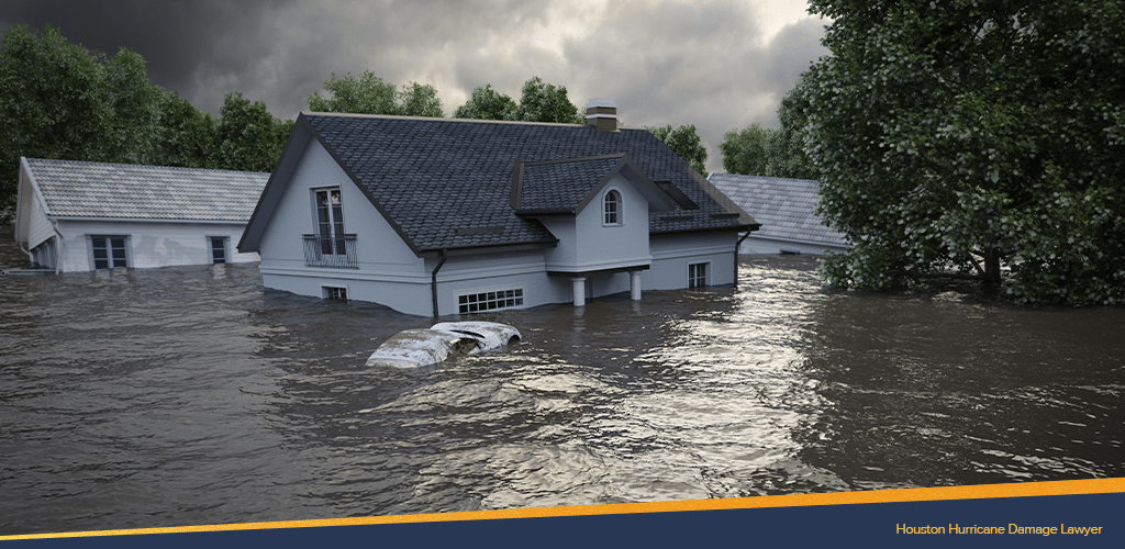 flooded house and a wrecked car caused by a hurricane