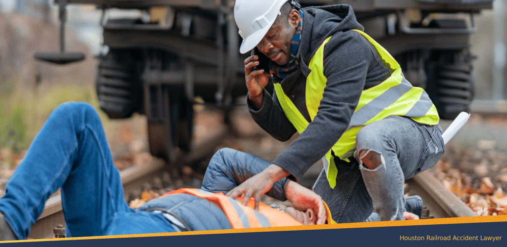 A Black man calling emergency for an accident on a railroad