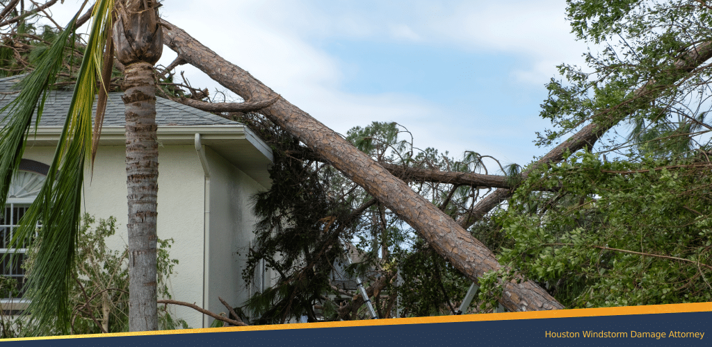 Large fallen trees leaning on a house after a windstorm, showing severe property damage and the aftermath of extreme weather in Houston.