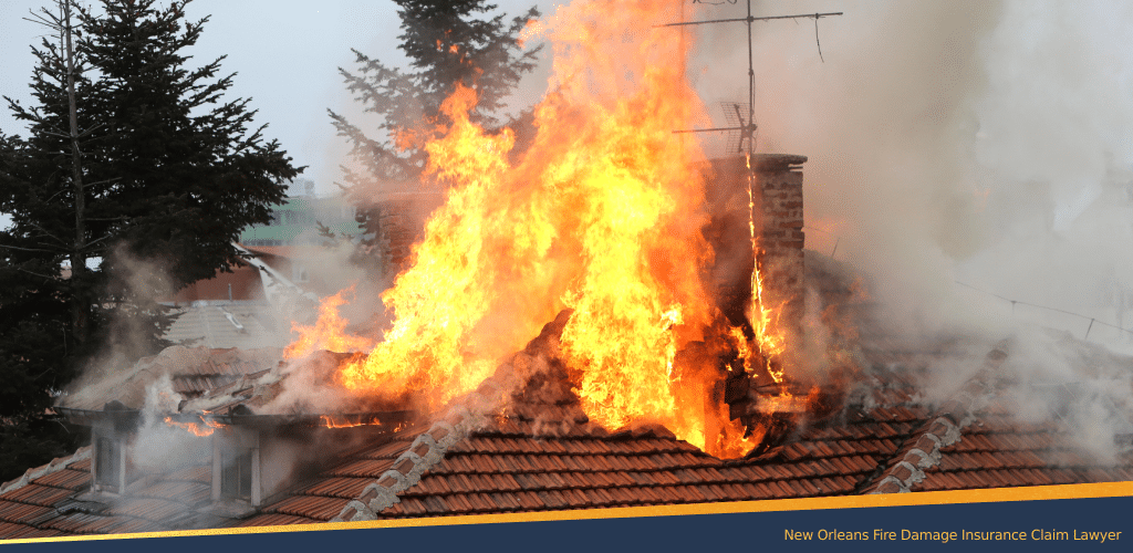Burning roof in New Orleans home caused by a fire damage that spread quickly with thick gray smoke