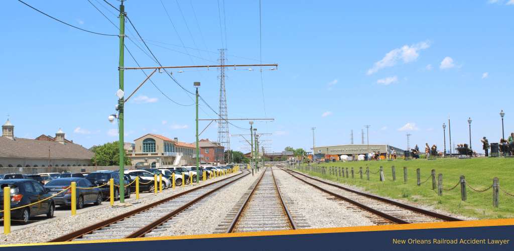 An empty railroad with lots of parking cars on the left side and a park filled with people on the right side