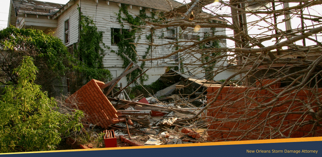 A home in New Orleans badly trashed by a storm with a fallen tree