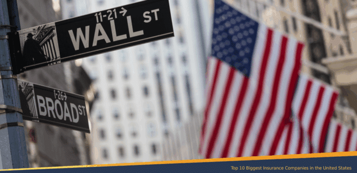 Wall Street and Broad Street signs in New York City with blurred American flags in the background, symbolizing the U.S. financial and insurance industry.