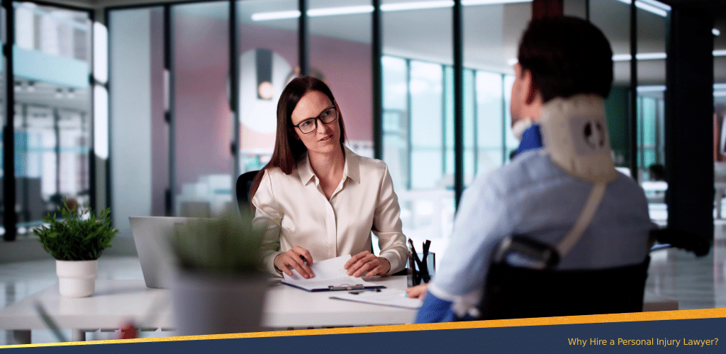 Injured man with a neck support consulting a personal injury lawyer.