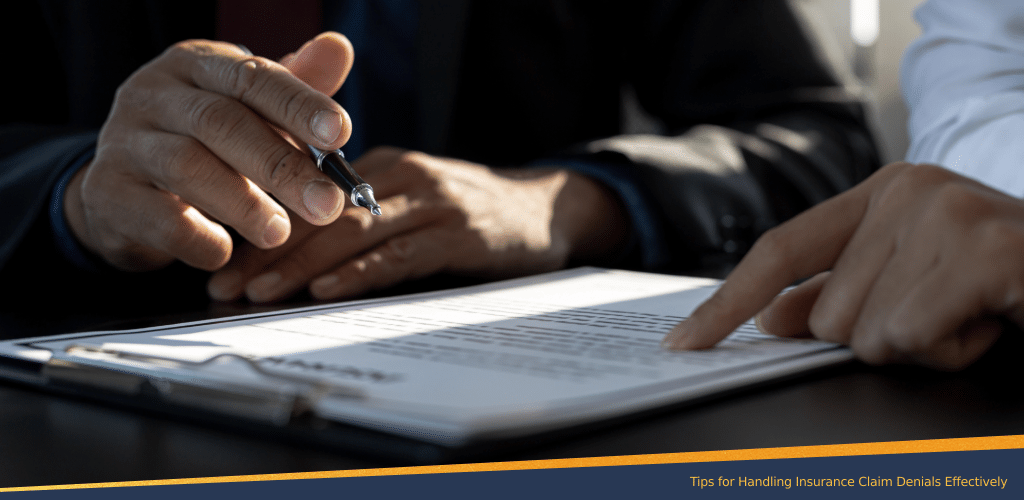 Close-up of two people reviewing and discussing a document on a clipboard, representing assistance with handling insurance claim denials.