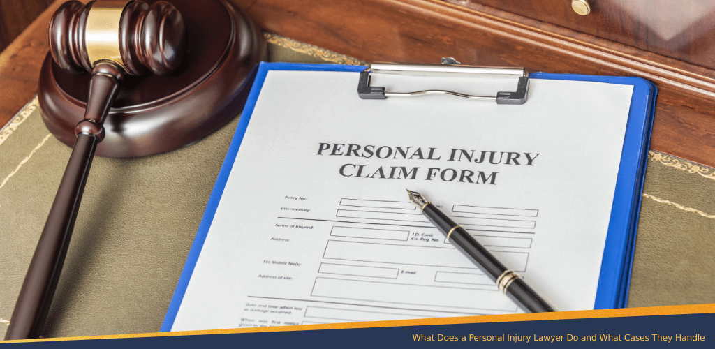 Personal injury claim form on a clipboard with a pen, next to a judge's gavel, symbolizing legal action and personal injury representation.