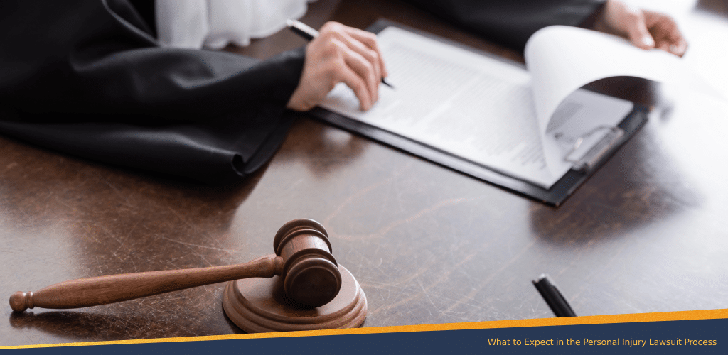 A judge explaining the personal injury lawsuit process with a gavel beside them, symbolizing legal proceedings and courtroom expectations.